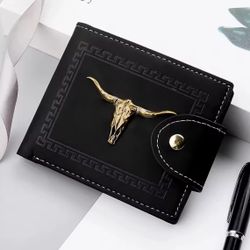 Men’s Luxury Leather Wallet – Metal Bull Emblem – Multi-Card & Cash Slots 🔥