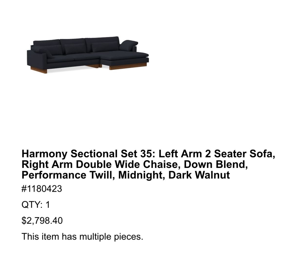 Harmony Sectional Set 35: Left Arm 2 Seater Sofa, Right Arm Double Wide Chaise, Down Blend, Performance Twill, Midnight, Dark Walnut