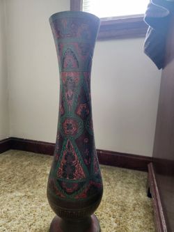 Tall Carved Decorative Brass Vase with Floral Pattern