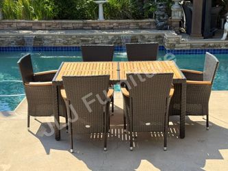 NEW 🔥Outdoor Patio Furniture Dining Set 7 Pc Brown Wicker Wood ASSEMBLED