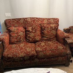 Regal Red Brocade Sofa and Loveseat Set with Carved Wood Trim!