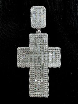 Iced Out Baguette Cross Pendant 925 Silver Moissanite stone.