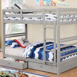 Brand New Grey Twin Size Bunk Bed w Trundle Drawers 