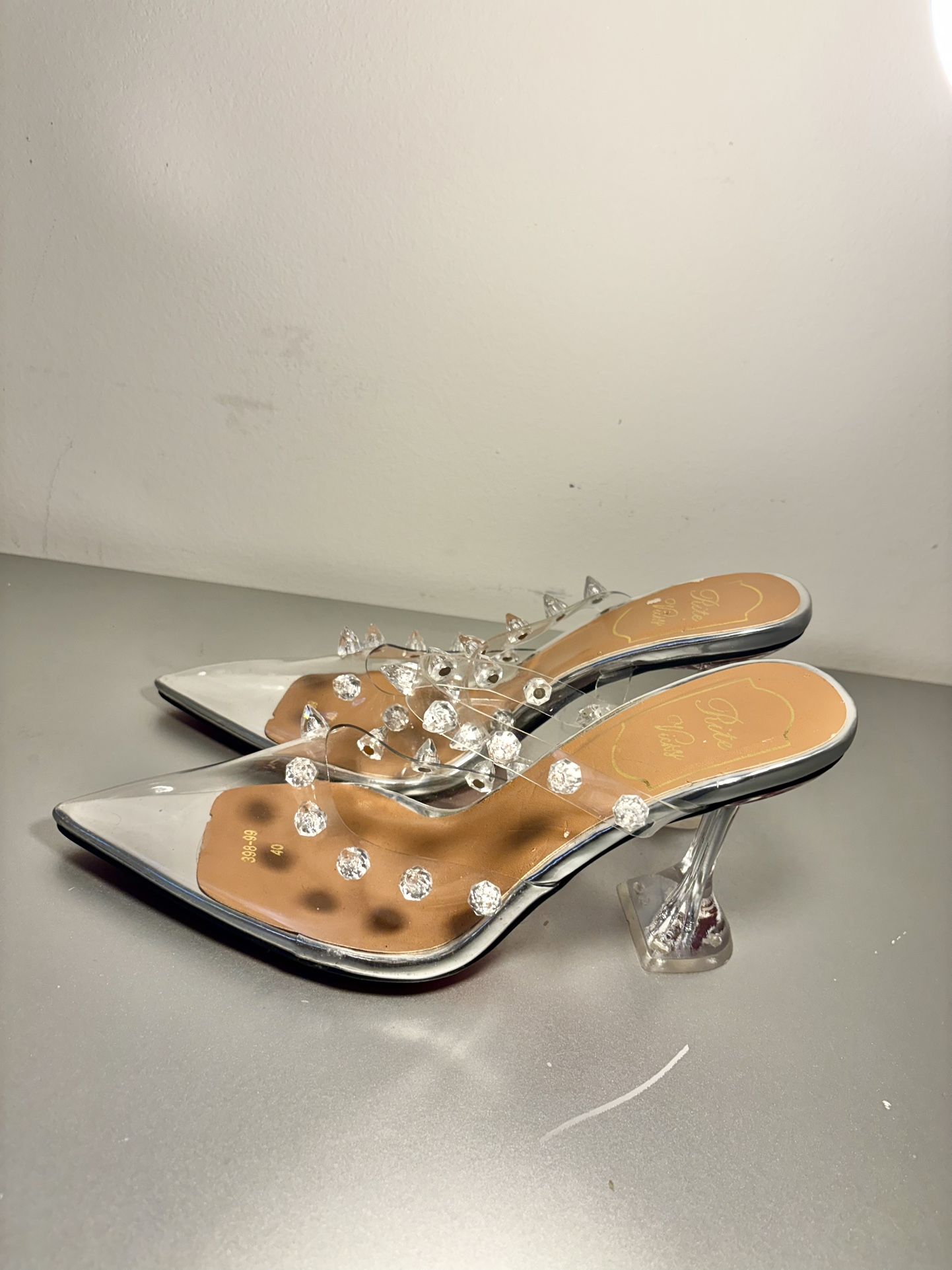 Transparent Crystal-Embellished Heels. Excellent Pre-owned Condition.