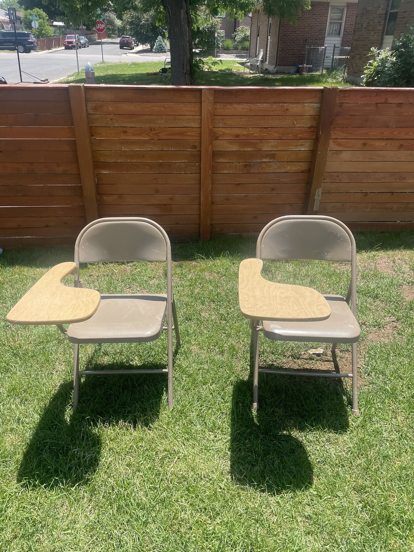 Pair (2) Antique School Desk Folding Metal Chairs (Both)