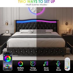   King Smart LED Platform Bed Frame with 4 Storage Drawers and Crystal Button-Tufted Wingback Headboard, Soft Modern PU Upholstered Bed Frame