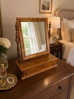 Vintage Wood Tabletop Vanity Mirror with Drawer