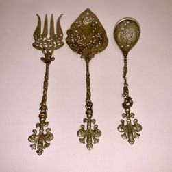 Vintage Montagnani Italy Serving Set 3pc Brass Silver Tone Pierced Spoon Fork