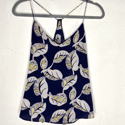 J. Crew 100% Silk Tropical Leaf Print Navy Blue Tank Top Blouse | XS