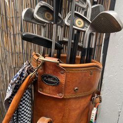 Vintage Golf Club Set In Leather Bag