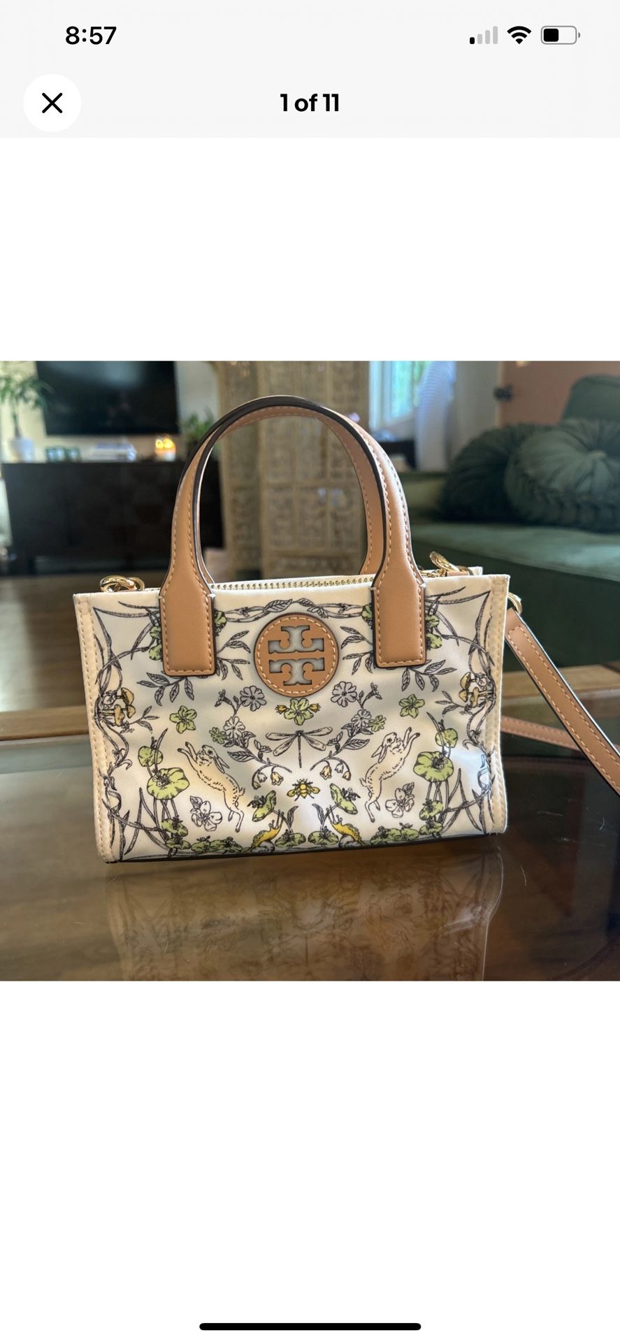 Tory Burch Nylon printed mini crossbody tote meadow cream rabbit