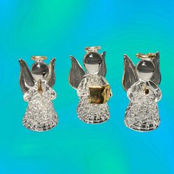 Vintage 1990s Retired Set Of 3 Clear Crystal Spun Glass Angels, 2.5”