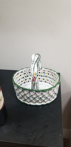 Handmade Portuguese porcelain basket signed by artist