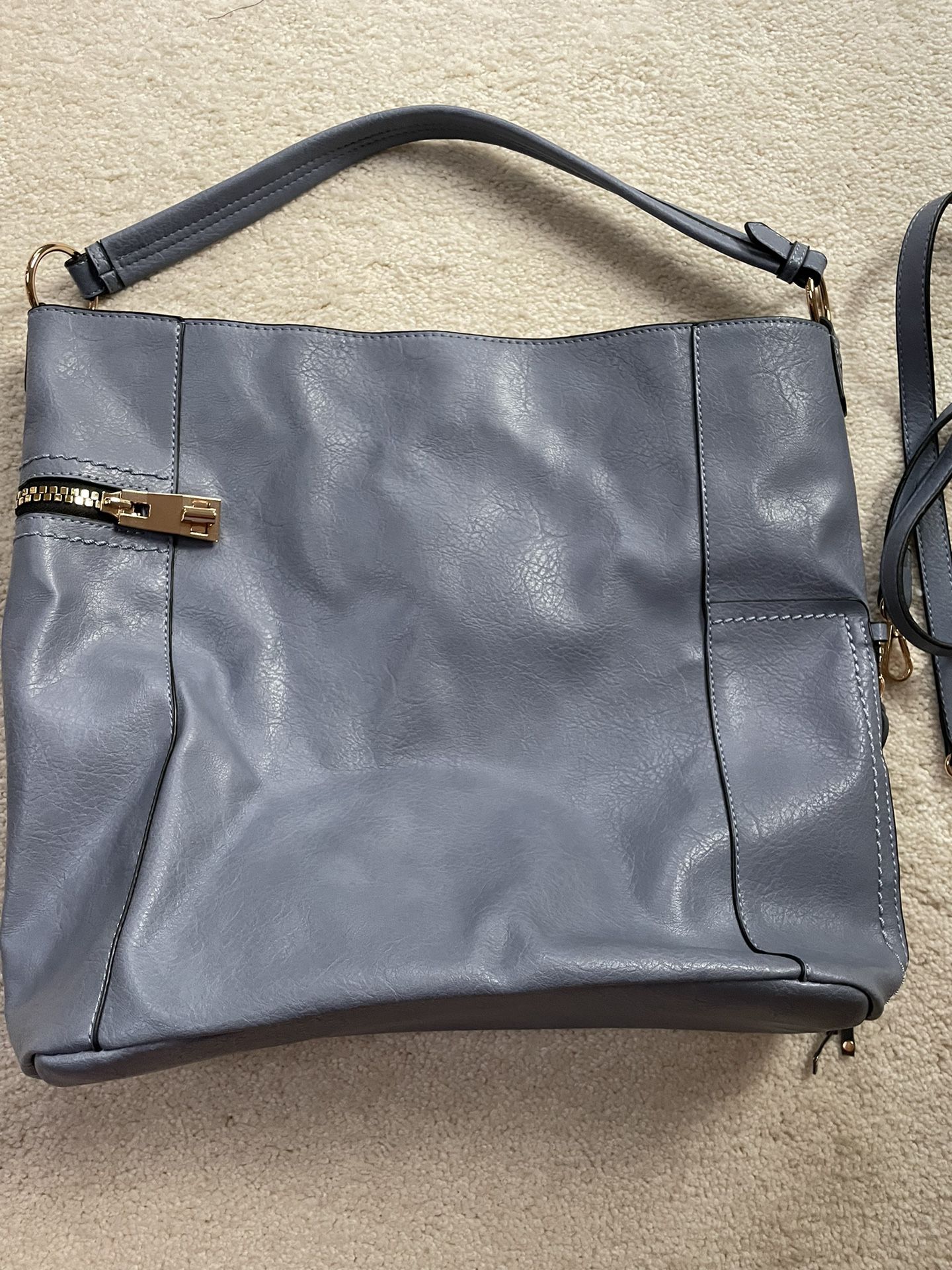 Large Blue Leather Tote Bag With Light Gold Hardware 