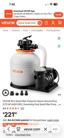 VEVOR 16 in Sand Filter Pump for Above Ground Pool, 0.75 HP 4400 GPH, Swimming Pool Sand Filter Pump with Pre-Assembled & Leak-Resistant Design, 6-Way