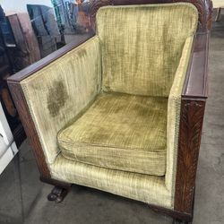 Vintage Art Deco Armchairs – Matching Pair – Solid Wood, Claw Feet