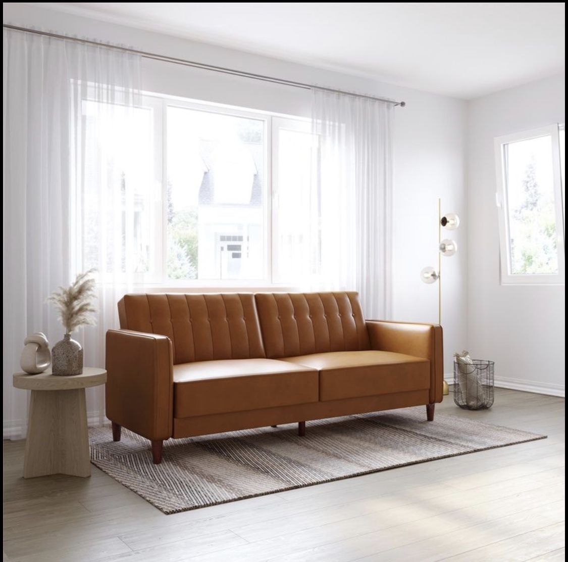 Brand New Pin Tufted Transitional Futon | Camel Faux Leather