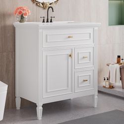 30 Inch White Bathroom Vanity with Ceramic Sink,Modern Bathroom Vanity with 2 Left Side Drawers & Flip Drawer,Gold Handles,Adjustable Shelf &