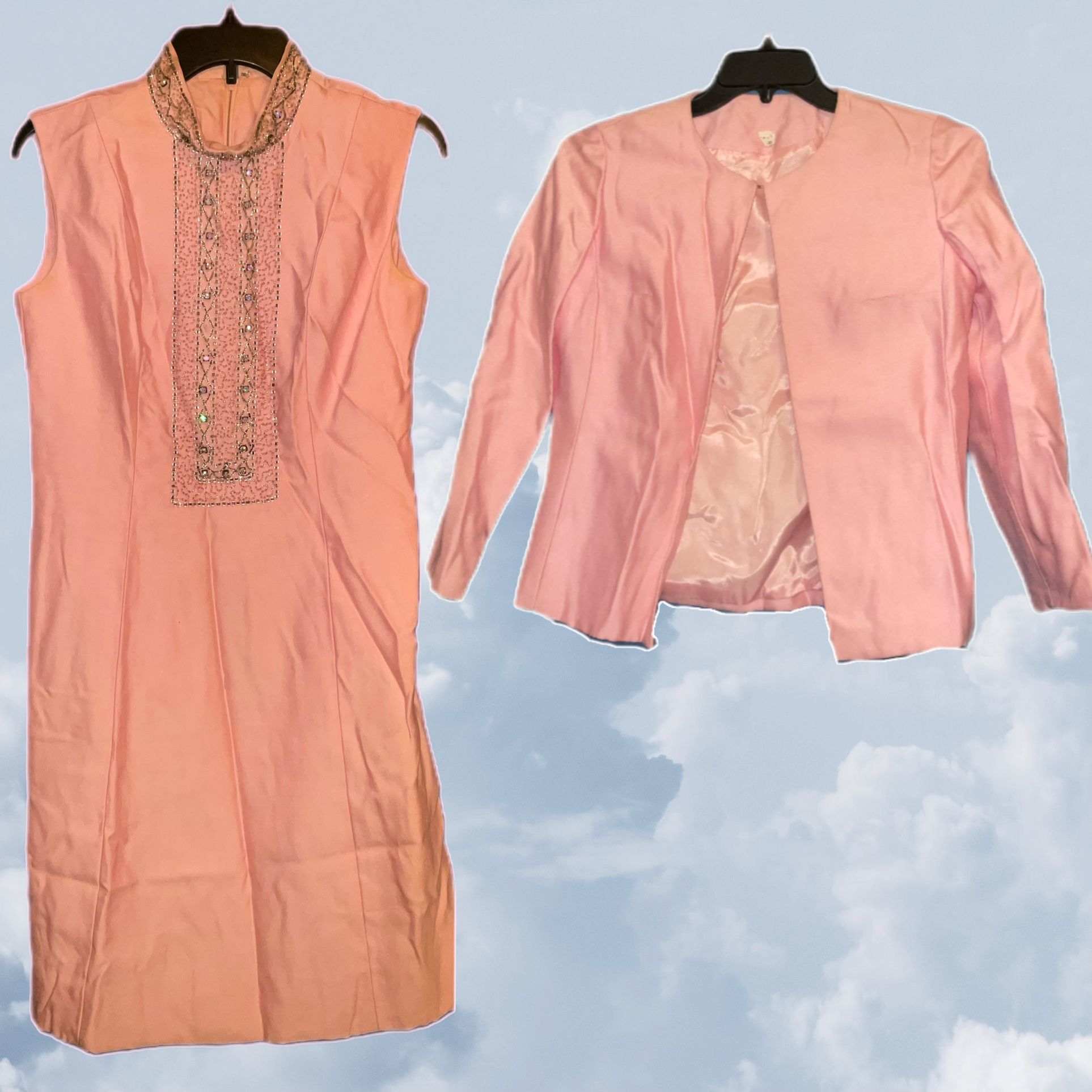 Antique Retro Baby Pink Sequin Dress and Jacket Blouse Womens Flapper Zipper Turtleneck Vintage