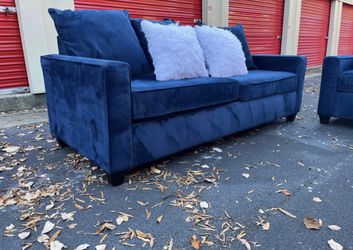Two Velvet Blue Sofas: Great Condition