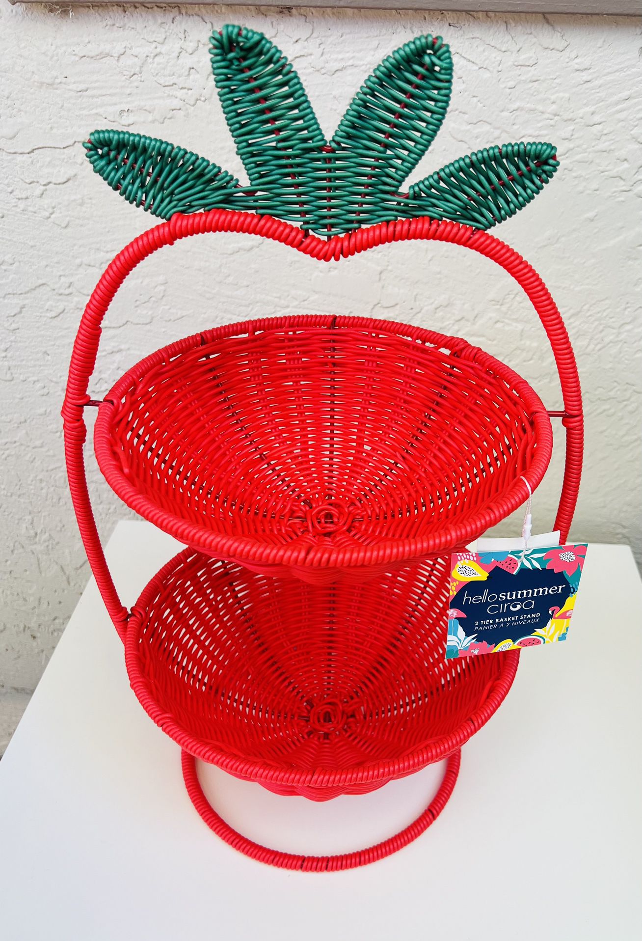 Ciroa Hello Summer Strawberry fruit 2 Tier Resin Wicker Basket Serving Tray Stand
