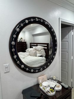 Round Wall Mirror Black Frame with Jewel Embellishments