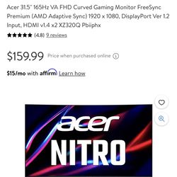 Acer Nitro 31.5" FHD 1920 x 1080 1500R Curved PC Gaming Monitor