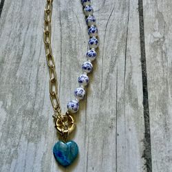 2023 Women’s Saks Fifth Avenue Gold Link Chain With Murano Beads Sodalite Heart Pendant Removable Charm Necklace 