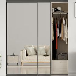 Full Sized Sliding Mirror Closet Door 72 x 80, Black Steel Frame Sliding Closet Mirror Door with Top & Bottom Track Kits, One Side Mirror with Safety 