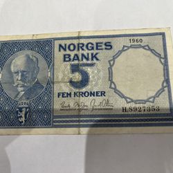 1960 Norway 5 Kroner Banknote 