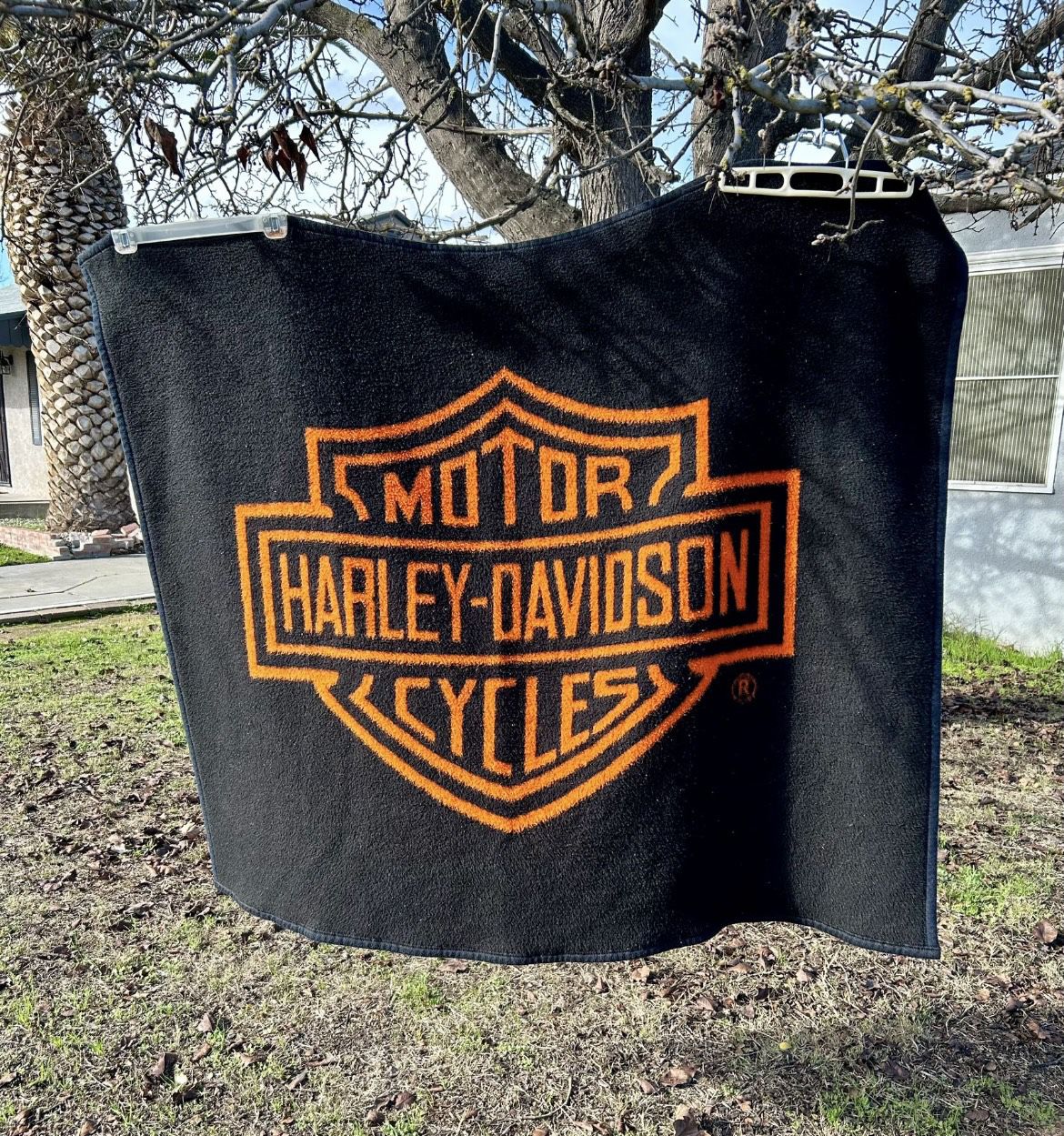 Vintage 80s 1985 Harley Davidson Motorcycle Shield Black Thick Acrylic Blanket 60”X 50” USA Biker Home Decor 