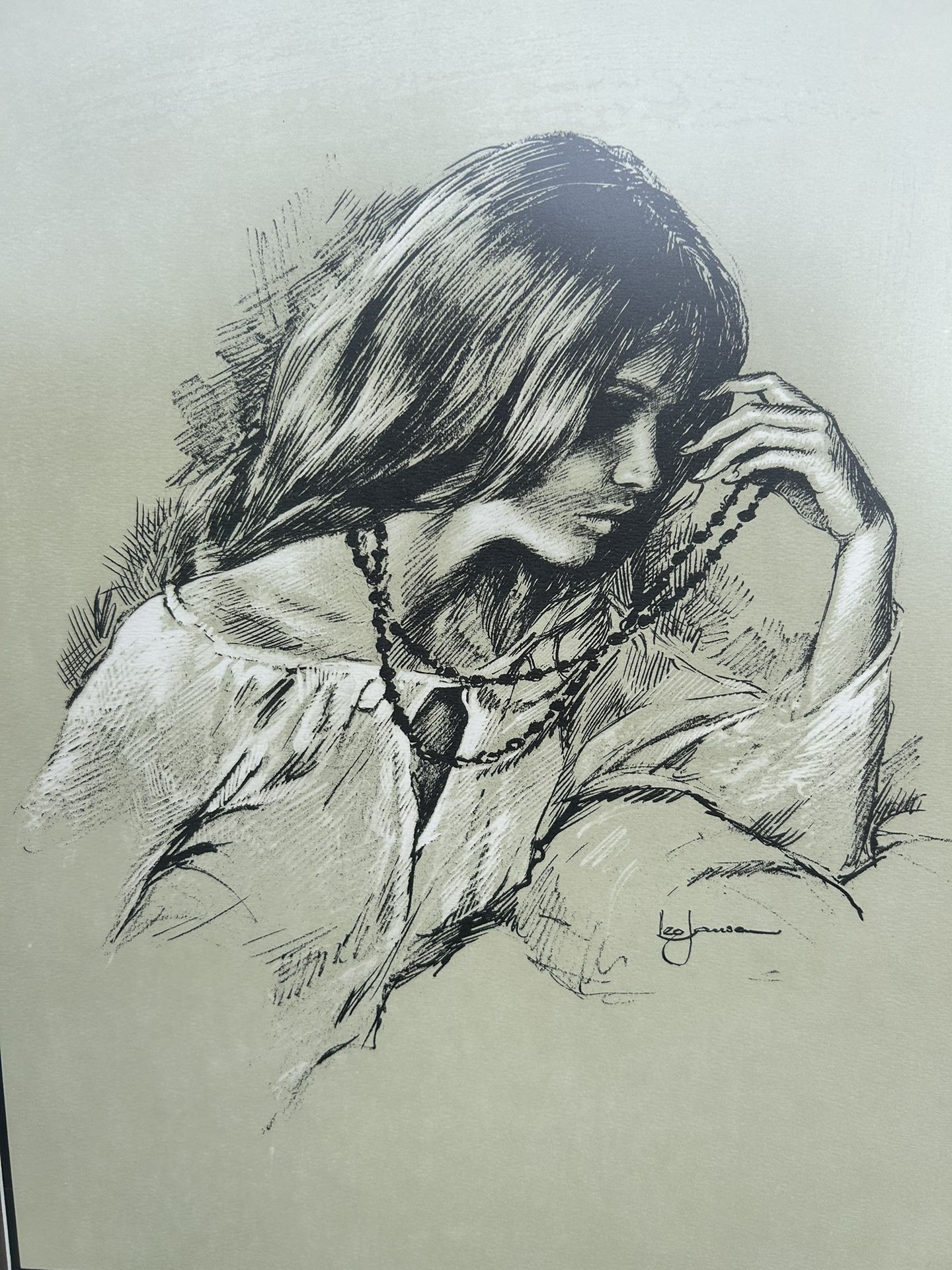 Beautiful Vintage Leo Jansen Signed Framed Sketch Portrait 21H X 17W