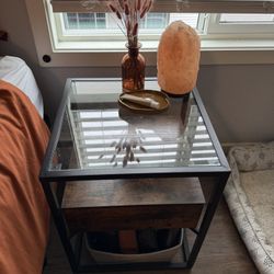 wood and glass side table with storage