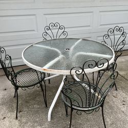 Glass Patio Table & 4 Steel Bistro Chairs Set, no Cushions Or Umbrella