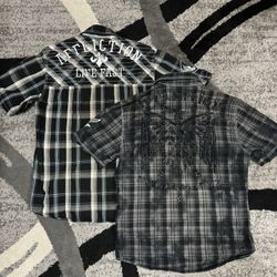 Affliction Shirt Mens Large Blue & Black Gray Plaid Button Up Short Sleeve Embroidered Buckle