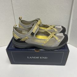 Lands' End Trekker Mary Jane Women 8 Gray Yellow Mesh Walking Shoe Comfortable