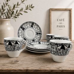 Mikasa Ultima+ Parisian Scenes HK114 Cup & Saucer Set 4 Susan Steinberg