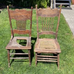 Vintage Wood Leather And Cane Dining Chairs