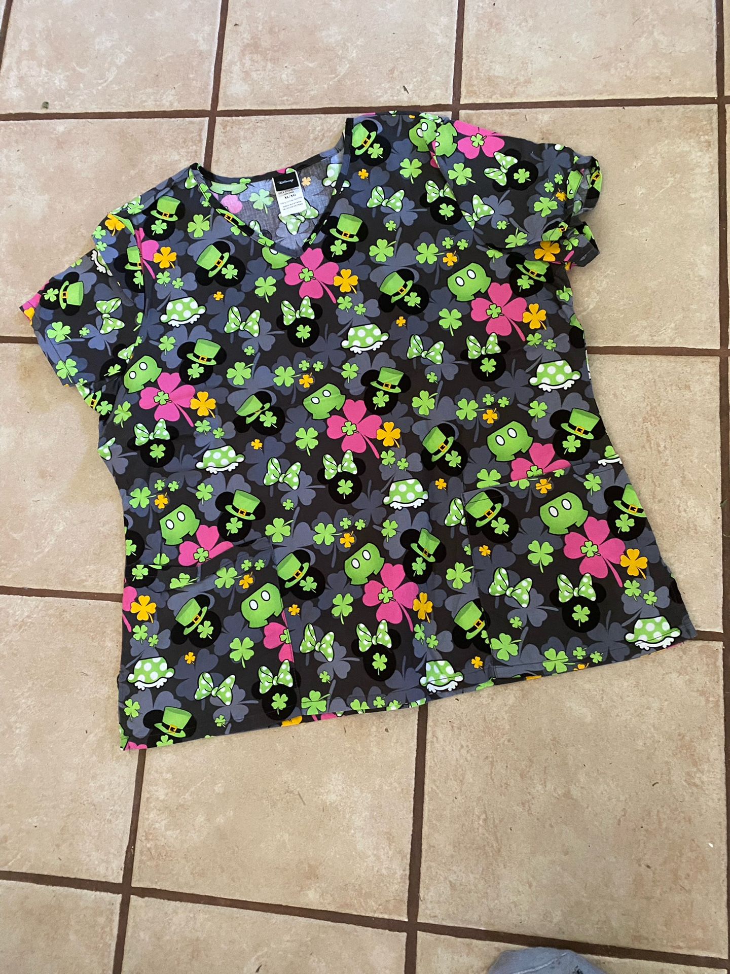 Woman’s Disney Scrubs Tunic Style Top Irish Theme Mickey & Minnie