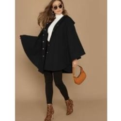 SHEIN BLACK Button Up Hooded Poncho Coat ONE SIZE POLYESTER WOOL WARM sweater  This is a SheIn hooded poncho coat in black, made of polyester. The coa