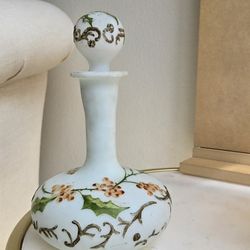 Vintage Floral Hand Painted Milk Glass Vanity Perfume Bottle Decanter