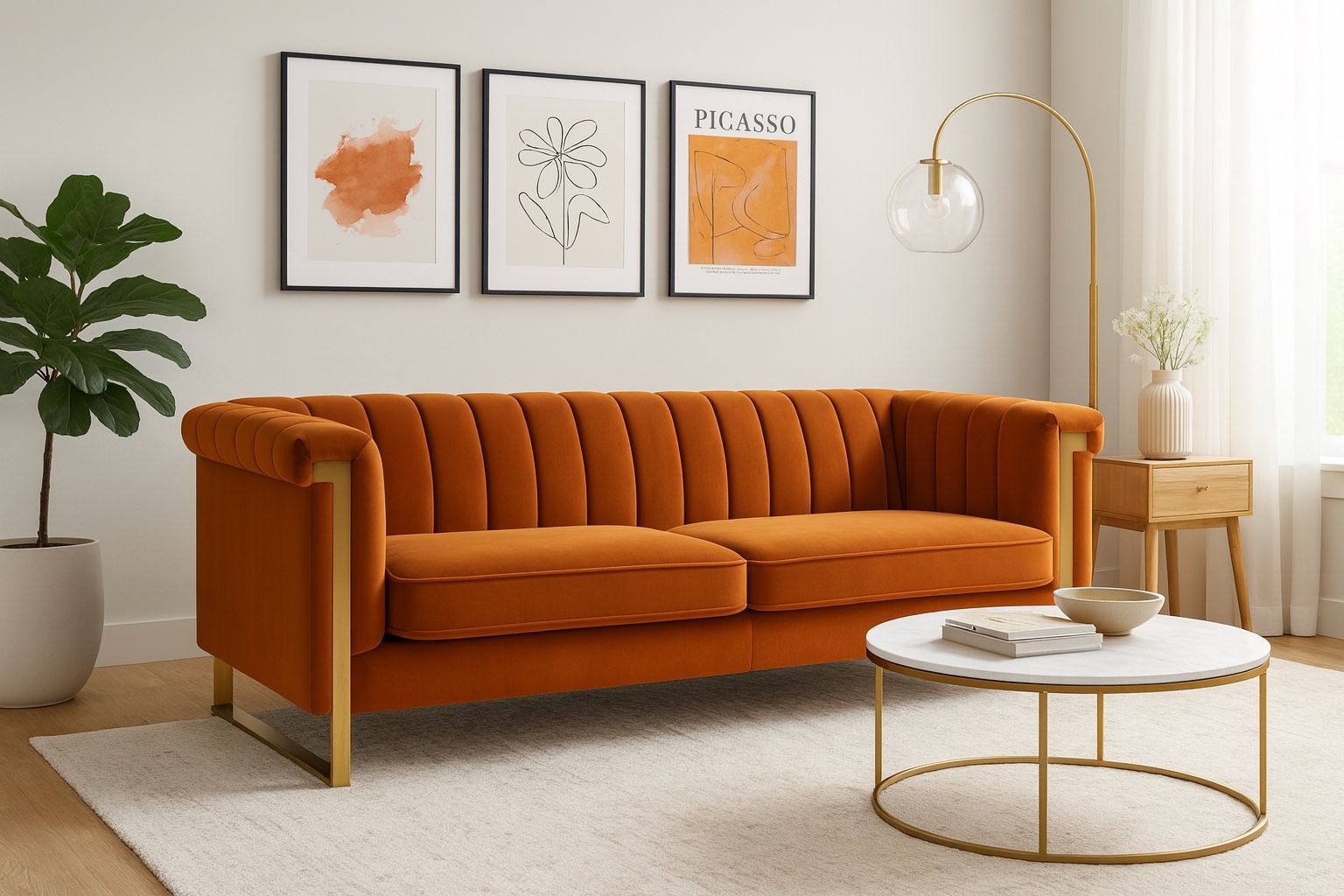 ✨ Modern Burnt Orange Velvet Sofa – Like New!
