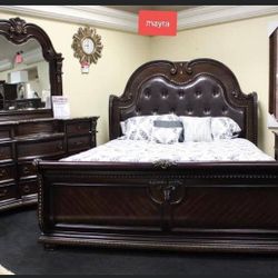 Stanley Cherry Brown Upholstered Sleigh Bedroom Set,bed,dresser, Mirror, NightStand, / Queen And King Size Available/ Mattress Sold Separately 