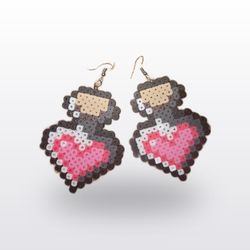 Handmade Pixel Art Love Potion Dangle Earrings - Perler Bead Pink Heart