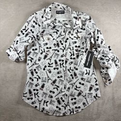 Karl Lagerfeld Women's XS Love From Paris AOP Cat Button Up Shirt NWT #4A