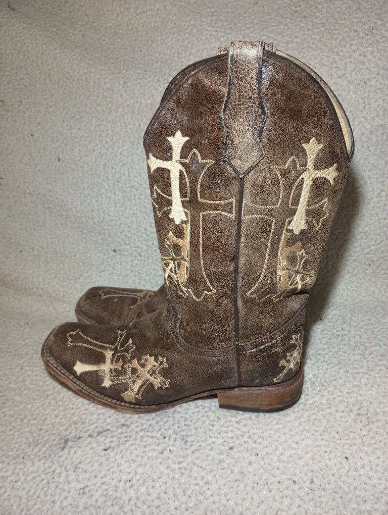 Mens Beige Square Toed Boots Size 9 1/2
