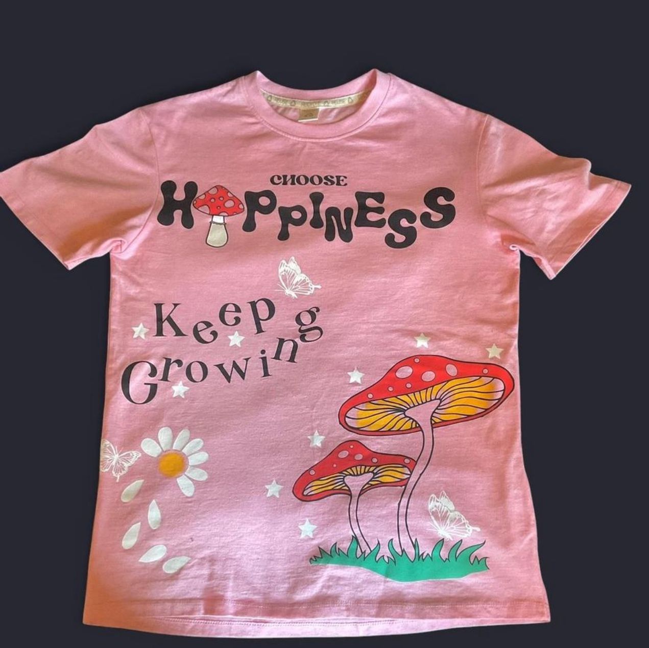 Pink mushroom tee with "Choose Happiness Keep Growing"