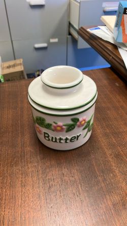 Ceramic crock butter bell keeper Embossed Pink Flowers