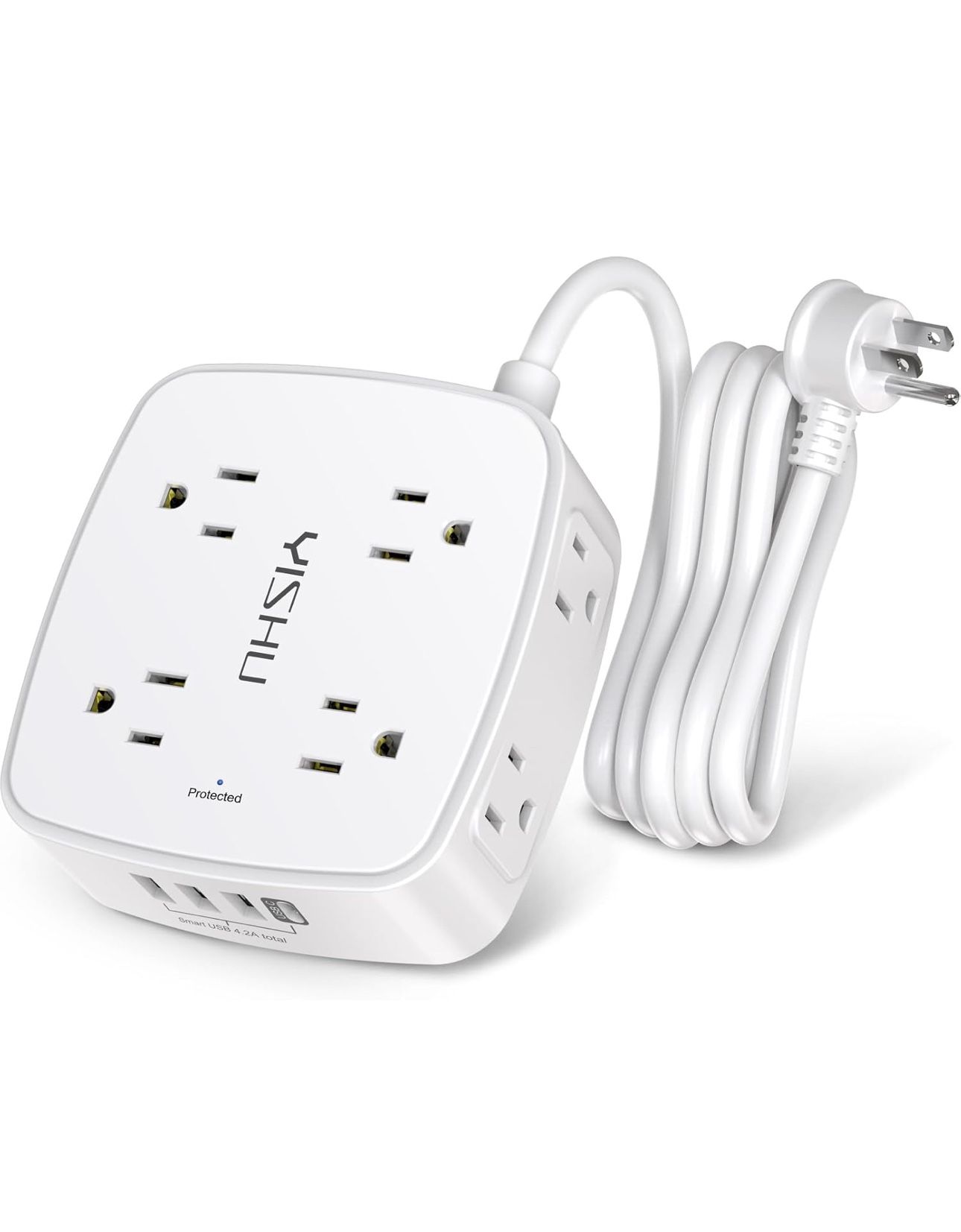 6 Ft Surge Protector Power Strip - 8 Widely Outlets with 4 USB Ports, 3 Side Outlet Extender with 6 Feet Extension Cord, Flat Plug, Wall Mount, Desk U