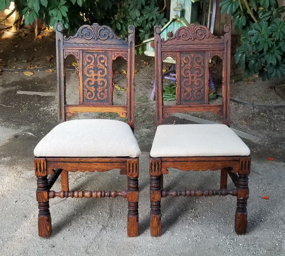 Antique Jacobean Solid Wood Heavy Weighted Side Chairs